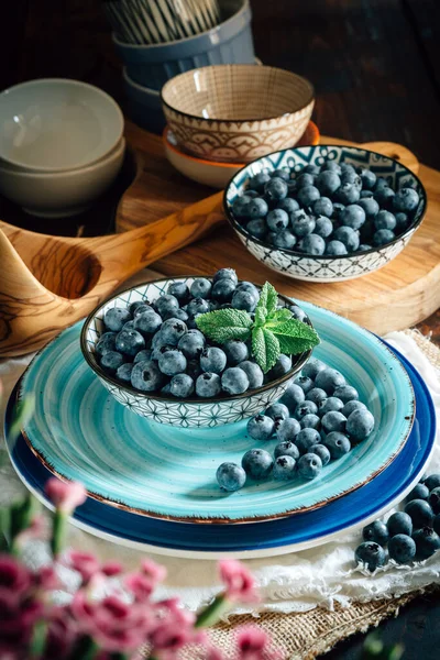 Bilberries Bowls Table Close — Stok Foto
