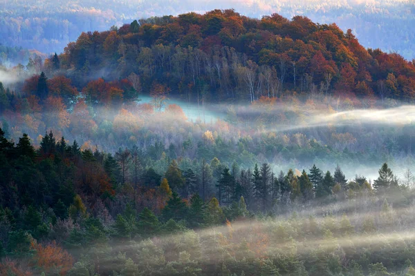 Czech Typical Autumn Landscape Hills Forest Foggy Morning Morning Fall — Fotografia de Stock