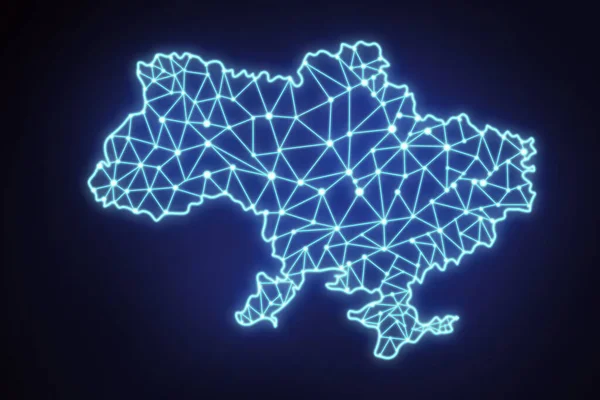 Karanlık bir zemin üzerinde neon ışığı bulunan Ukrayna bölgesinin sınırları. Ukrayna 'nın soyut mavi neon haritası
