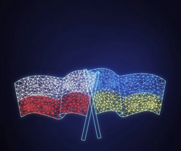 Two flags of Poland and Ukraine on cosmic dark background. Polygonal, linear image of flags on blue with space for text