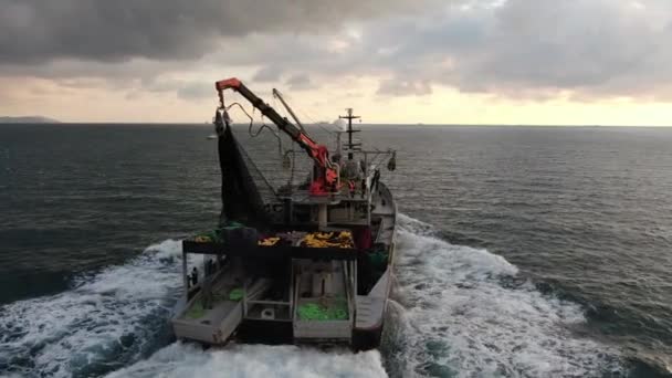 Independent Fisherman Managing Trawl Net Fishing Boat — Stock video
