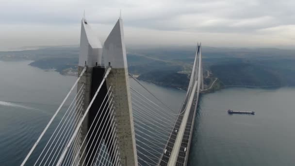 Jembatan Dari Pandangan Sky Aerial Lalu Lintas Kendaraan Suspensi Bridge — Stok Video