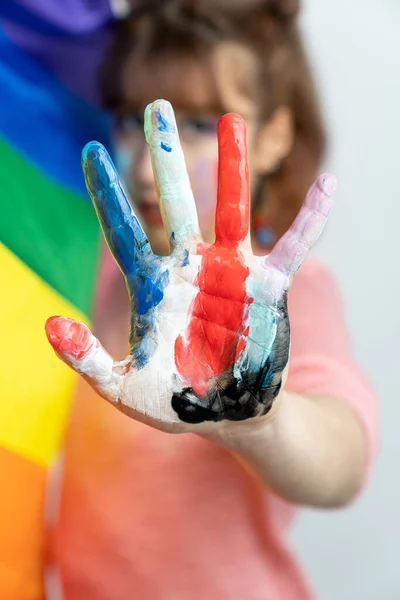 Happy Woman Showing Hands Painted Colorful Paints White Background Lgbt — Stock Photo, Image