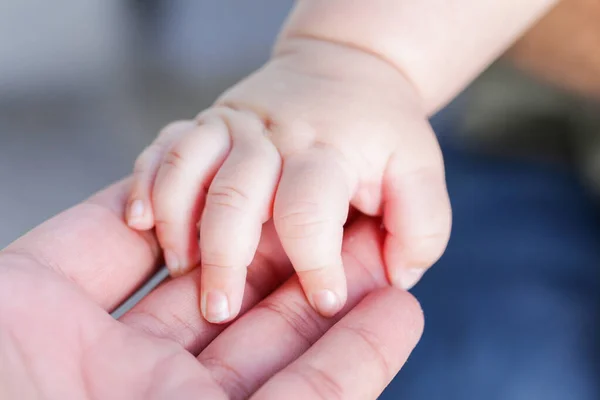 Fadern Håller Barnets Hand Far Och Barn Händer Familjebegreppet — Stockfoto