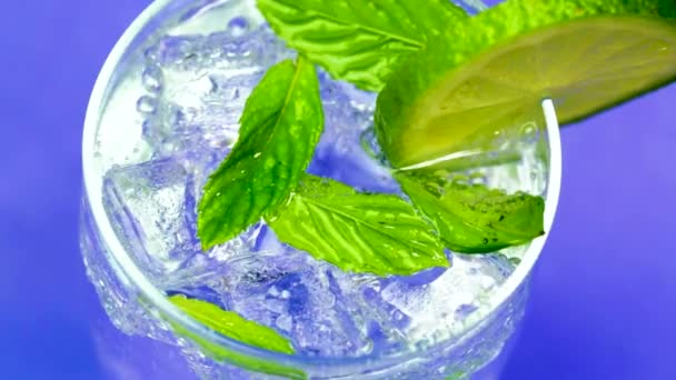 Ice Cold Mineral Soda Water Lemon Fruit Slices Fresh Mint — Stok Video