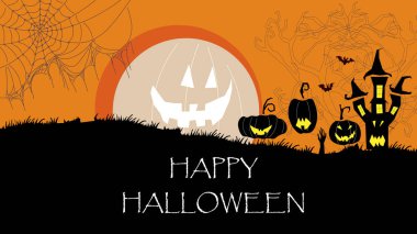 Cadılar Bayramı gecesinde kabaklar ve uçan yarasalarla ürkütücü bir arka plan.