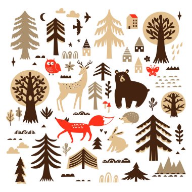 Orman hayvanları ve bitkiler düz çizimler. Şirin tilki, ayı, tavşan, kirpi, baykuş, geyik. İskandinav tarzı. Tasarım ögeleri.