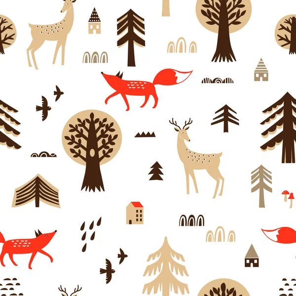 Seamless Pattern Cute Fox Deer Scandinavian Style Flat Design —  Vetores de Stock