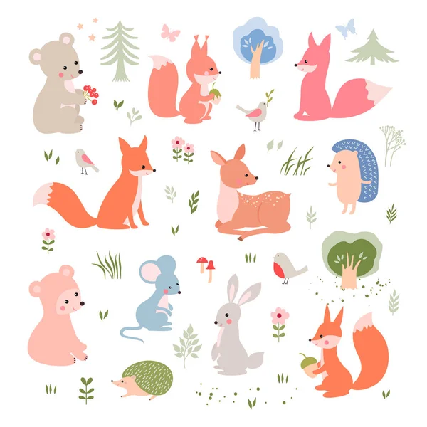 森林動物のベクトルコレクション キツネ ウサギ ハリネズミ マウス かわいいアニメアニマリズムキャラクター — ストックベクタ