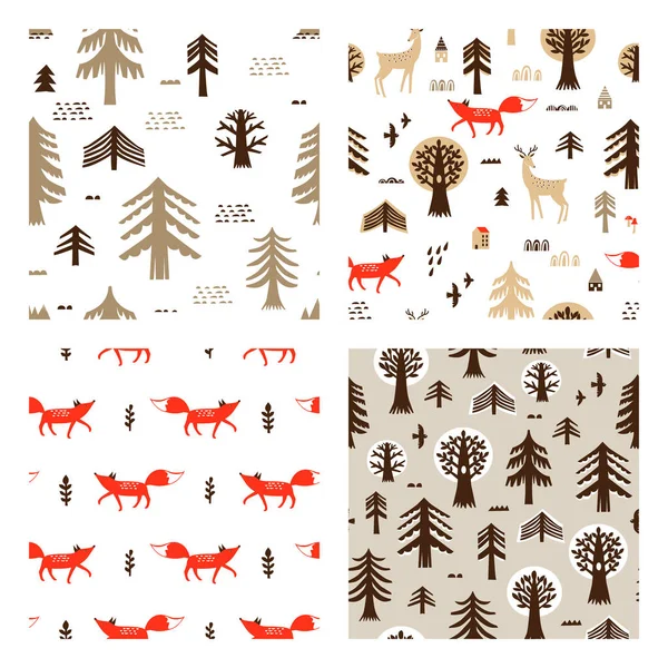 Set Scandinavian Seamless Patterns Vector Background Forest Animals Trees —  Vetores de Stock