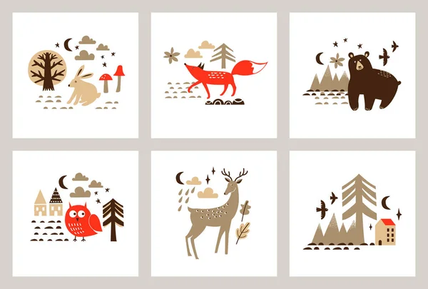 Vector Illustrations Cute Forest Animals Trees Scandinavian Style Nursery Prints —  Vetores de Stock