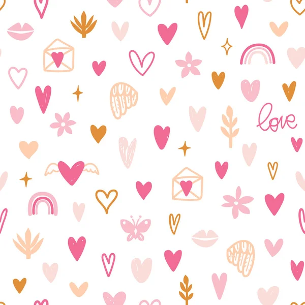 Seamless Pattern Hearts Flowers Wings Rainbow Valentine Day Vector Background — Stock Vector