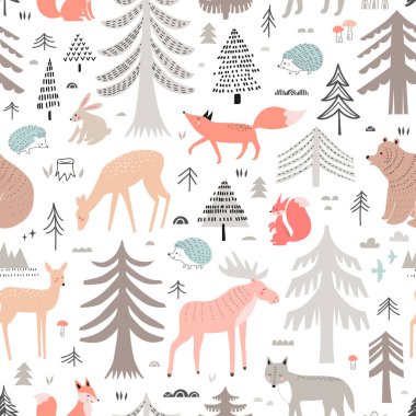 Orman hayvanlarında kusursuz desen. İskandinav tarzında vektör arkaplanı.