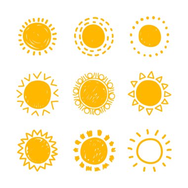 Elle çizilmiş güneşler. Güneş ikonu. Stilize güneş. Vektör İllüstrasyonu.