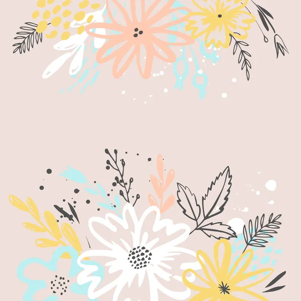 Summer Design Hand Drawn Flowers Pastel Colors Greeting Card — Stock Vector