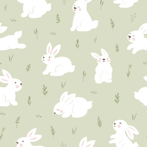Patrón Sin Costuras Con Conejos Plantas Sobre Fondo Verde Impresión — Archivo Imágenes Vectoriales