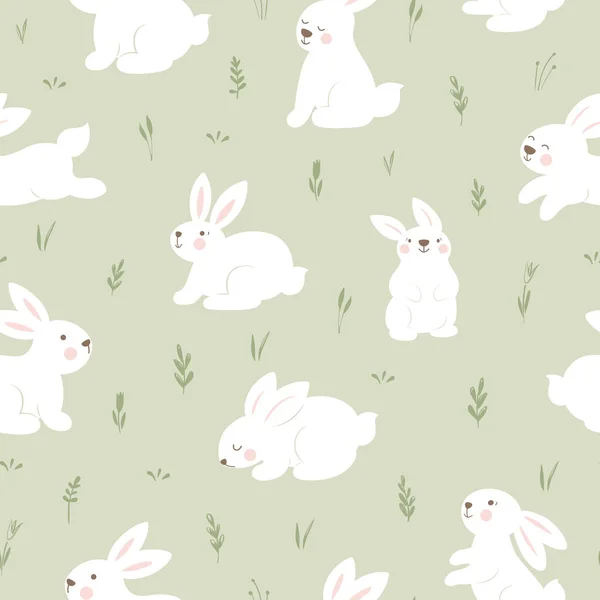 Seamless pattern with bunnies and plants on green background. Easter vector print. 