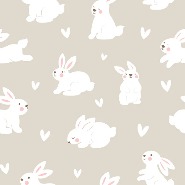 Seamless pattern with bunnies and hearts on grey background. Easter vector print. 