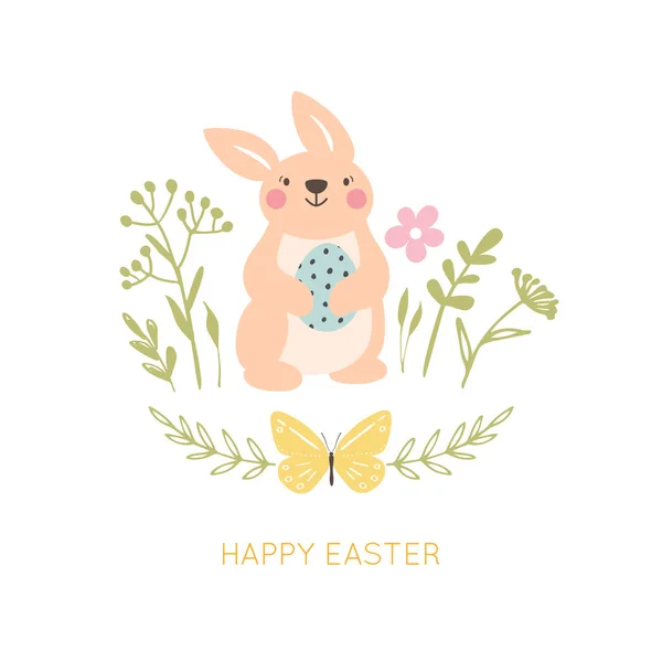 Feliz Pascua Tarjeta Felicitación Colores Pastel Primavera Lindo Conejito Pascua — Vector de stock