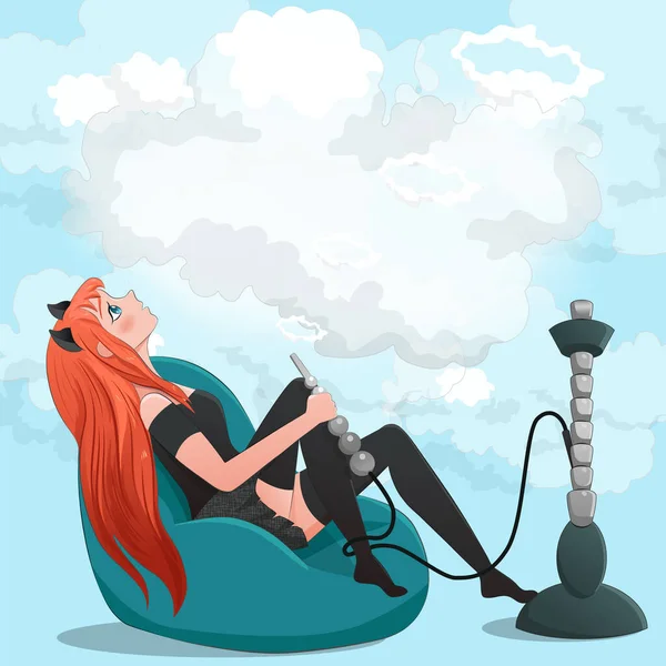 Nargile Içen Anime Kız Kızıl Saçlı Kadın Dumanlı Bulutlarda Fasulye — Stok Vektör