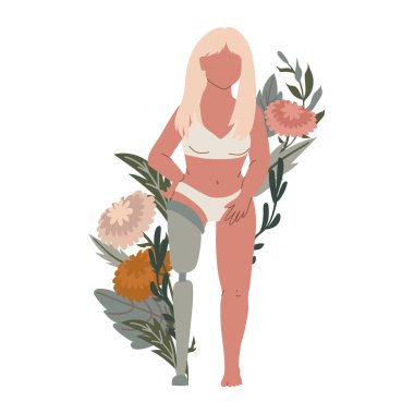 Yapay bacak vektör klipsli sarışın kadın. Beyaz arka planda izole edilmiş bacak protezi olan güzel bir kız..