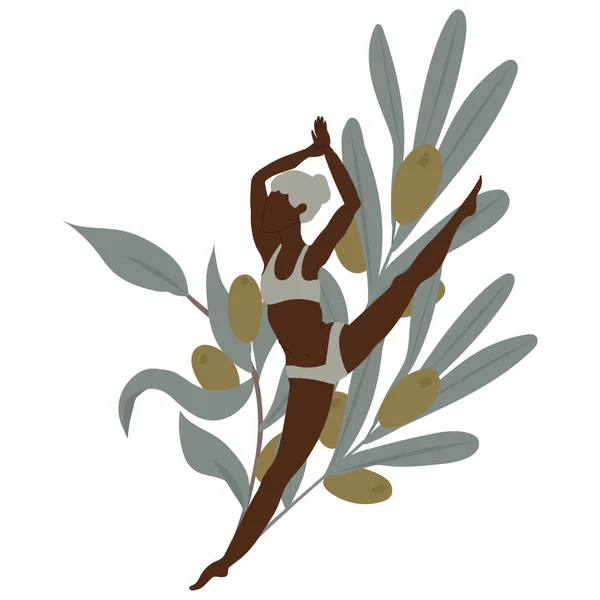 Young Woman Split Jumping Front Olive Branches — Stok Vektör