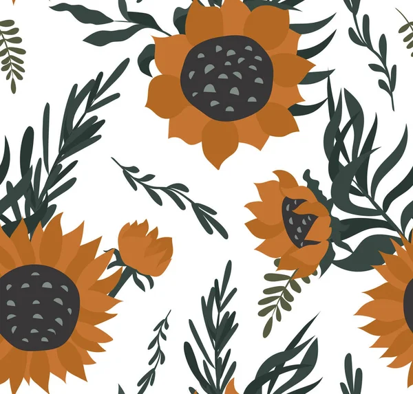 Greenery Yellow Sunflowers Seamless Pattern — Vetor de Stock