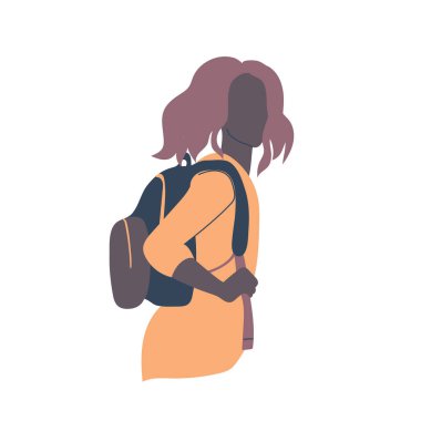 Beyaz arka planda izole edilmiş sırt çantalı esmer bir kadın öğrenci..