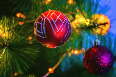 Noel ağacının dalında kırmızı Noel topları. Kutlama kartpostalı. Noel, Yeni Yıl.