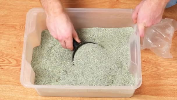 The man cleans the litter box. Hand holds a scoop with lump. Clumping filler. — Video Stock