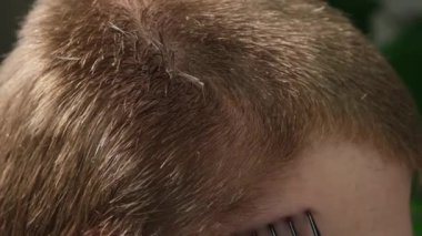 Evde bir adam elektrikli makasla saçını kestiriyor. Ev tıraşı. Bir kuaförde tasarruf.