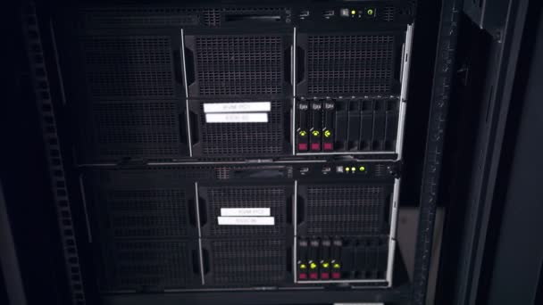 Close up shot of data servers with ethernet cables and blinking hard drive lights — Stock Video