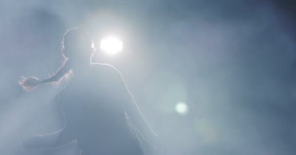 Sziluett egy női táncos teljesítő hip hop tánc lassított felvételen fény és füst háttér — Stock videók