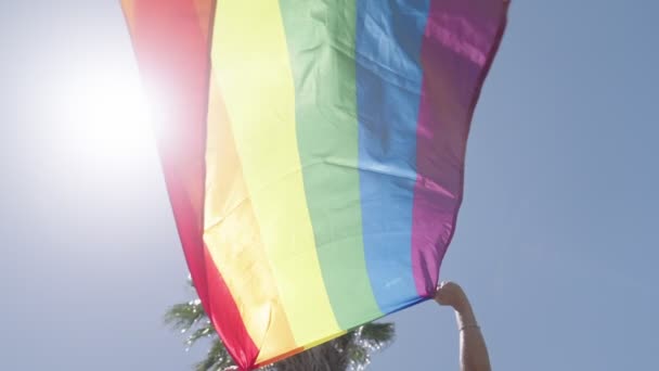 Movimiento Lento Bandera Del Arco Iris Ondeando Durante Desfile Orgullo — Vídeo de stock
