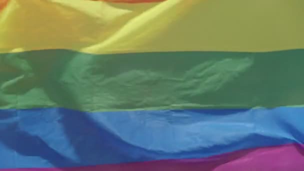 Lgbtq Rainbow Flag Waving Slow Motion People Background — Stock Video