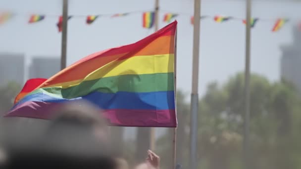 Bandeira Arco Íris Lgbtq Acenando Câmera Lenta Durante Festa Principal — Vídeo de Stock