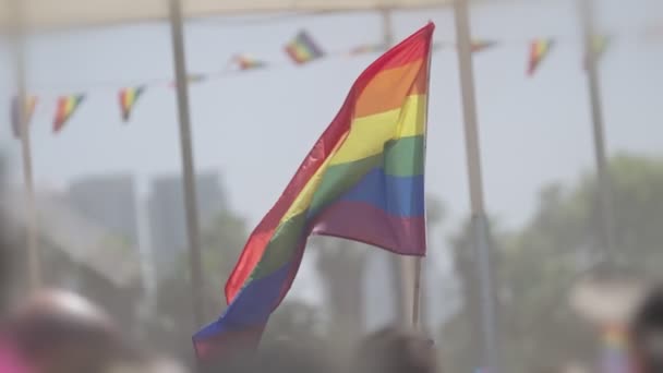 Lgbtq Rainbow Flag Waving Slow Motion Main Party Pride Parade — Stock Video