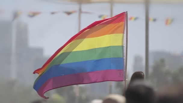 Bandeira Arco Íris Lgbtq Acenando Câmera Lenta Durante Festa Principal — Vídeo de Stock