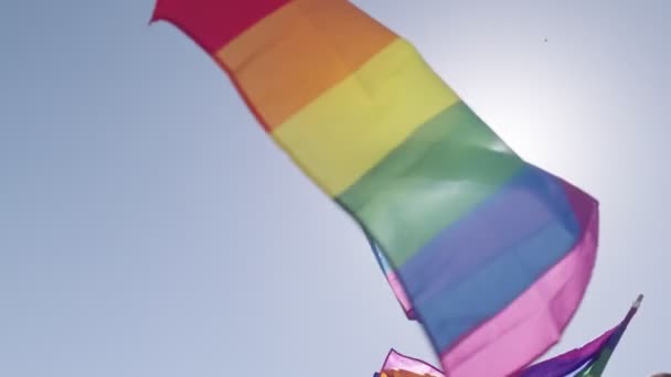 Lgbtq Regenboog Vlag Zwaaiend Slow Motion Tijdens Het Hoofdfeest Een — Stockvideo