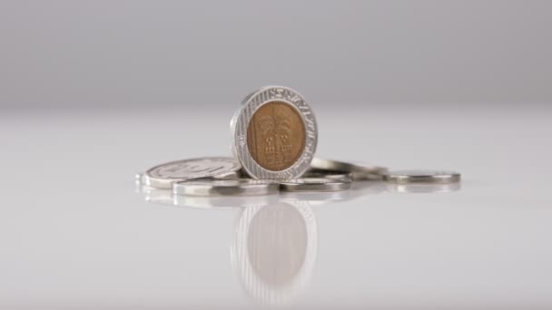 Coins New Israeli Shekels Rotating Reflective Surface — Stockvideo