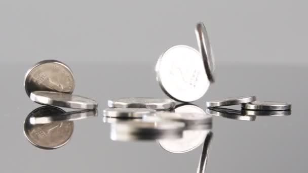 New Israeli Shekels Coins Falling Reflective Surface — Stok Video