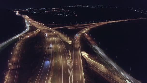 Aerial Shot Large Highway Night Cars Driving — Vídeos de Stock