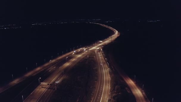 Aerial Shot Large Highway Night Cars Driving — Stockvideo