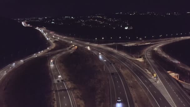 Aerial Shot Large Highway Night Cars Driving — Stock video
