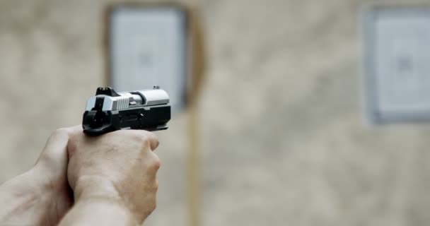 Pistol Shooting Bullets Slow Motion Footage Hand Guns Shooting Range — Vídeo de Stock