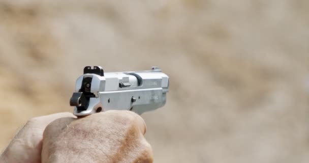 Pistol Shooting Bullets Slow Motion Footage Hand Guns Shooting Range — Stok Video