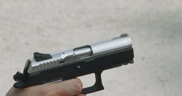 Pistol Shooting Bullets Slow Motion Footage Hand Guns Shooting Range — Vídeos de Stock