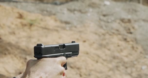 Pistol Shooting Bullets Slow Motion Footage Hand Guns Shooting Range — Vídeo de stock