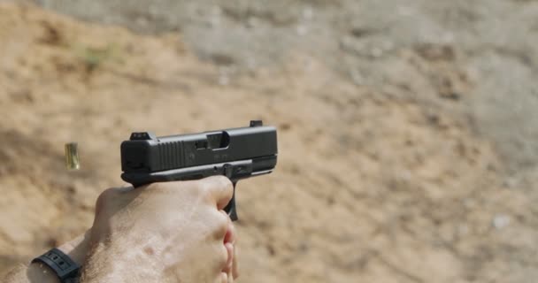 Pistol Shooting Bullets Slow Motion Footage Hand Guns Shooting Range — Vídeo de Stock