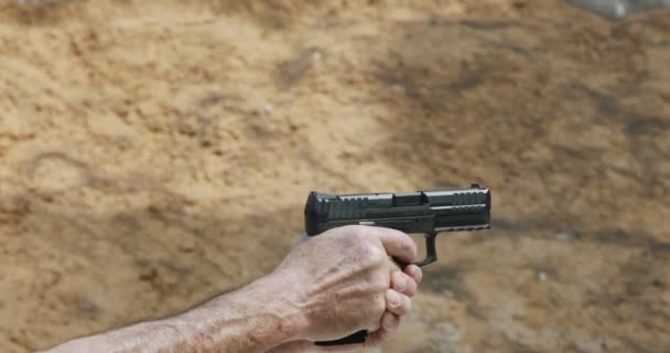 Pistol Shooting Bullets Slow Motion Footage Hand Guns Shooting Range — стоковое видео